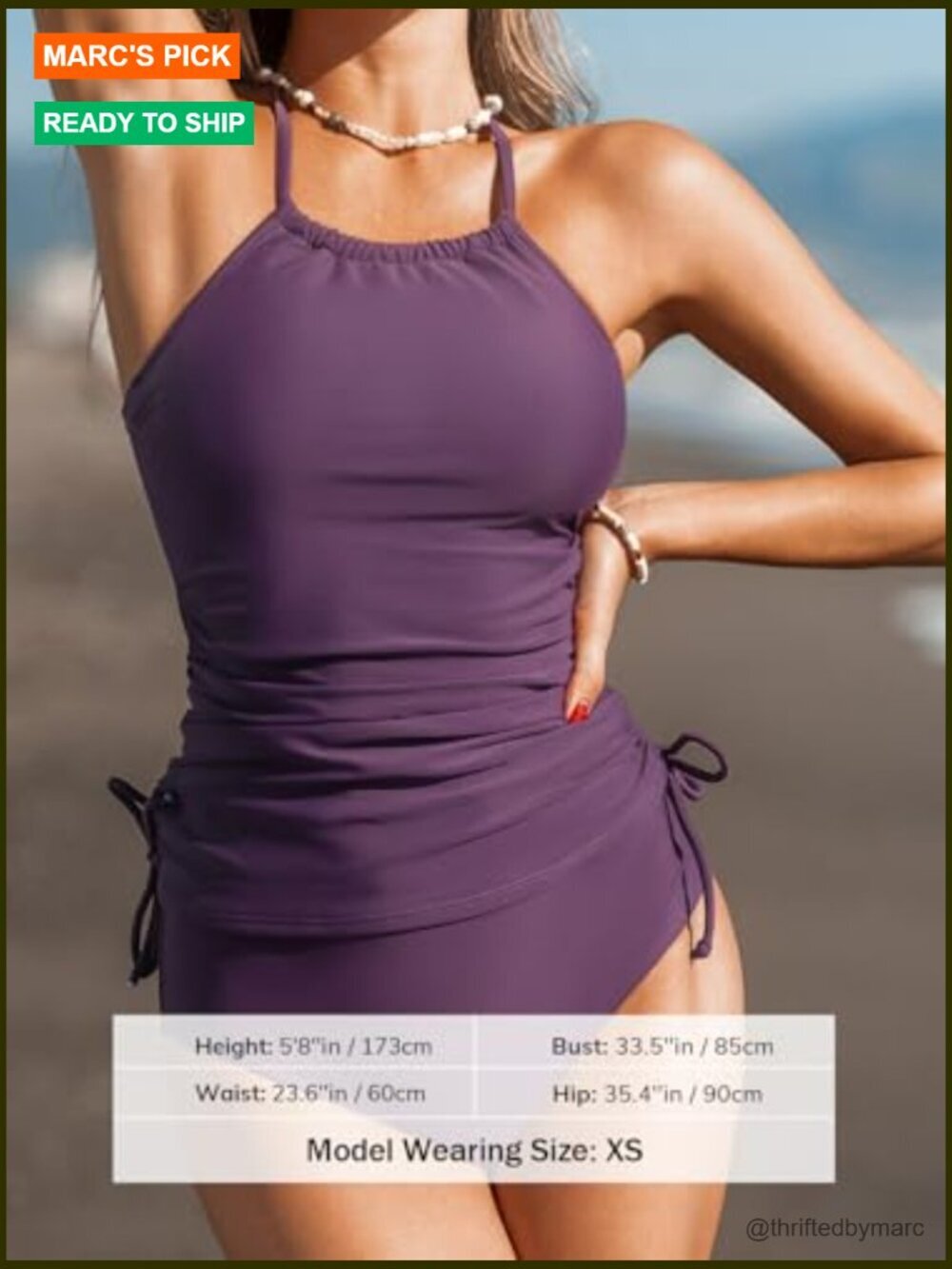 Women's Tankini Set High Neck Halter Top Adjustable Drawstrings Mid Rise Bottoms - Picture 4 of 7